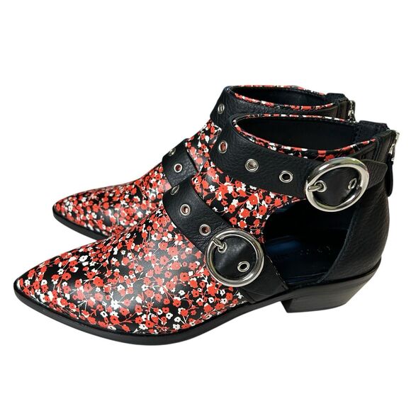 Rebecca Minkoff Ankle Boots Kianna Cutout Bootie 6.5M Red Black Floral Back Zip - Picture 7 of 16